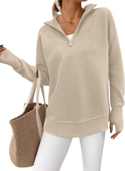  Womens Long Sleeve Quarter Zip Pullover Sweater Casual Loose V Neck Collared Ribbed Knit Jumper Tops Thumb Hole