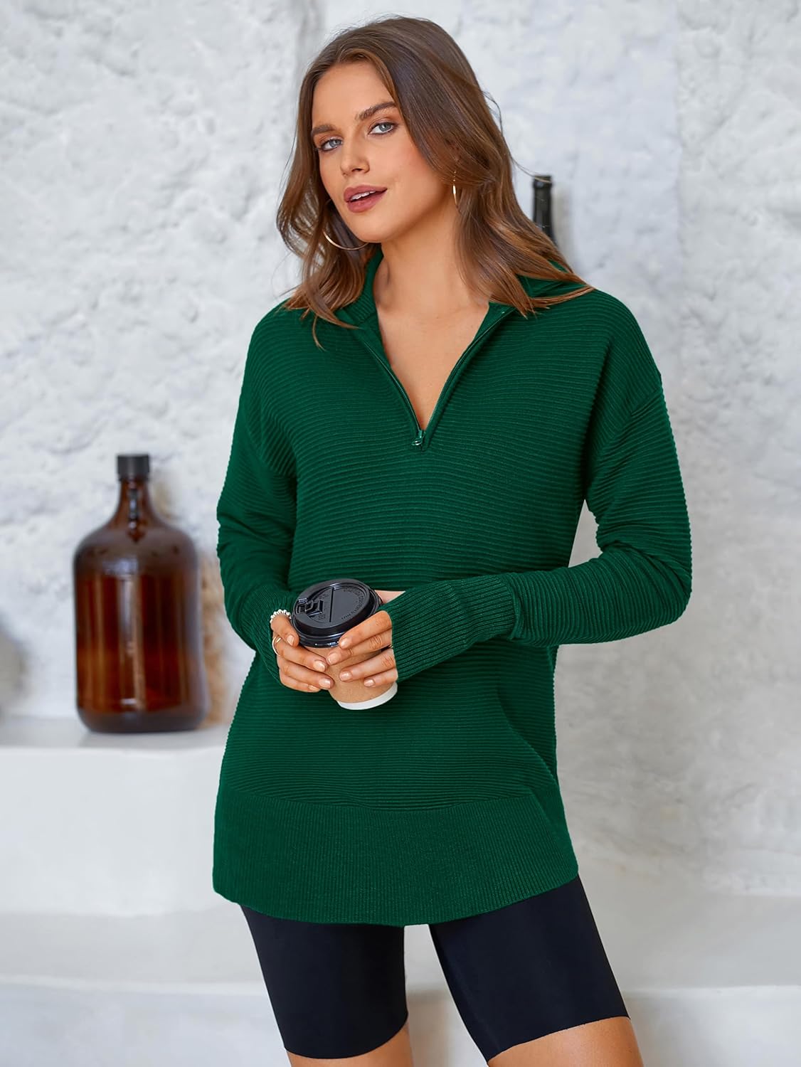  Womens Long Sleeve Quarter Zip Pullover Sweater Casual Loose V Neck Collared Ribbed Knit Jumper Tops Thumb Hole
