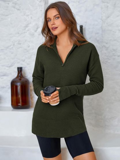  Womens Long Sleeve Quarter Zip Pullover Sweater Casual Loose V Neck Collared Ribbed Knit Jumper Tops Thumb Hole
