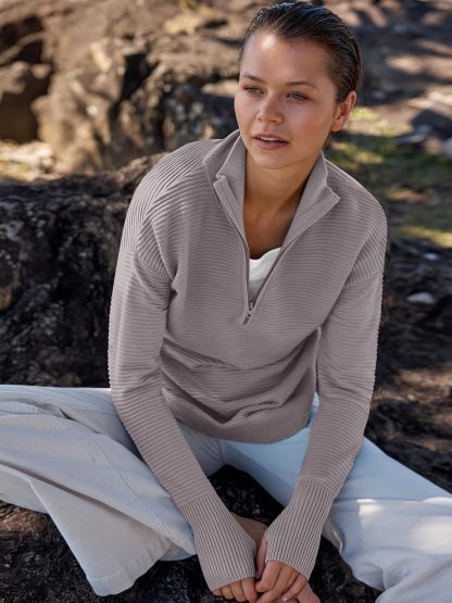 Womens Long Sleeve Quarter Zip Pullover Sweater Casual Loose V Neck Collared Ribbed Knit Jumper Tops Thumb Hole