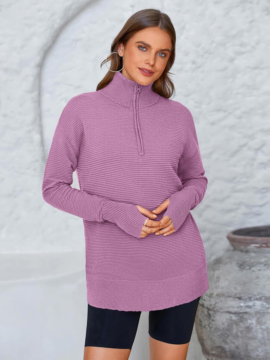  Womens Long Sleeve Quarter Zip Pullover Sweater Casual Loose V Neck Collared Ribbed Knit Jumper Tops Thumb Hole