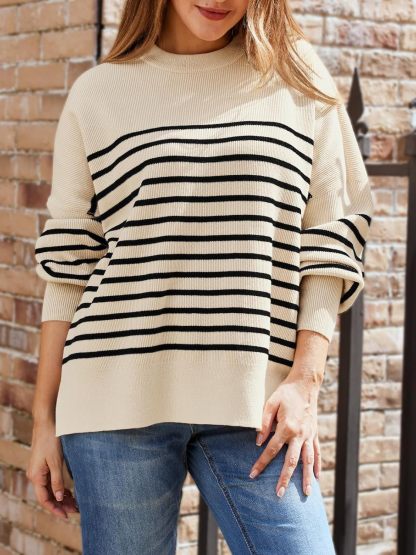 Women's Oversized Batwing Sweaters  Trendy Crewneck Knit Side Slit Fashion Pullover Tops