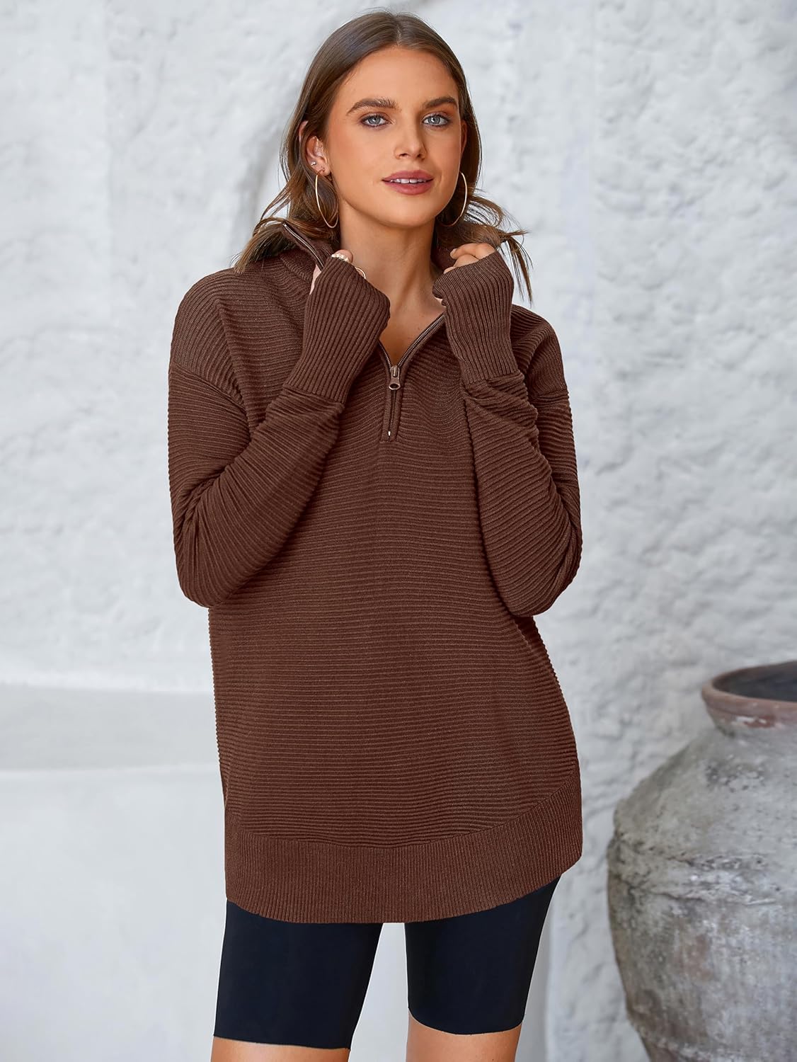  Womens Long Sleeve Quarter Zip Pullover Sweater Casual Loose V Neck Collared Ribbed Knit Jumper Tops Thumb Hole