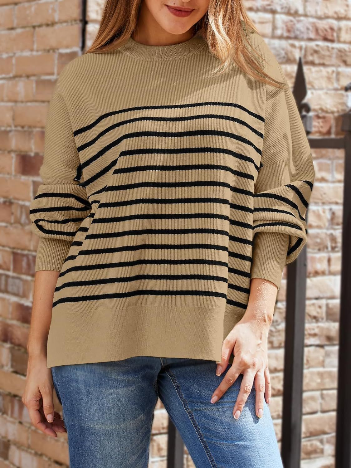 Women's Oversized Batwing Sweaters  Trendy Crewneck Knit Side Slit Fashion Pullover Tops