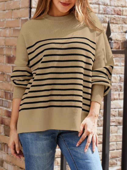 Women's Oversized Batwing Sweaters  Trendy Crewneck Knit Side Slit Fashion Pullover Tops