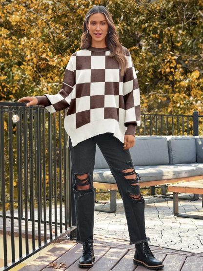 Women's Oversized Batwing Sweaters  Trendy Crewneck Knit Side Slit Fashion Pullover Tops