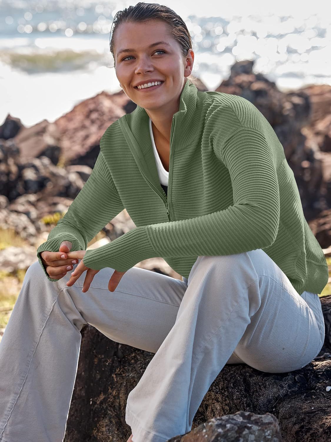 Womens Long Sleeve Quarter Zip Pullover Sweater Casual Loose V Neck Collared Ribbed Knit Jumper Tops Thumb Hole