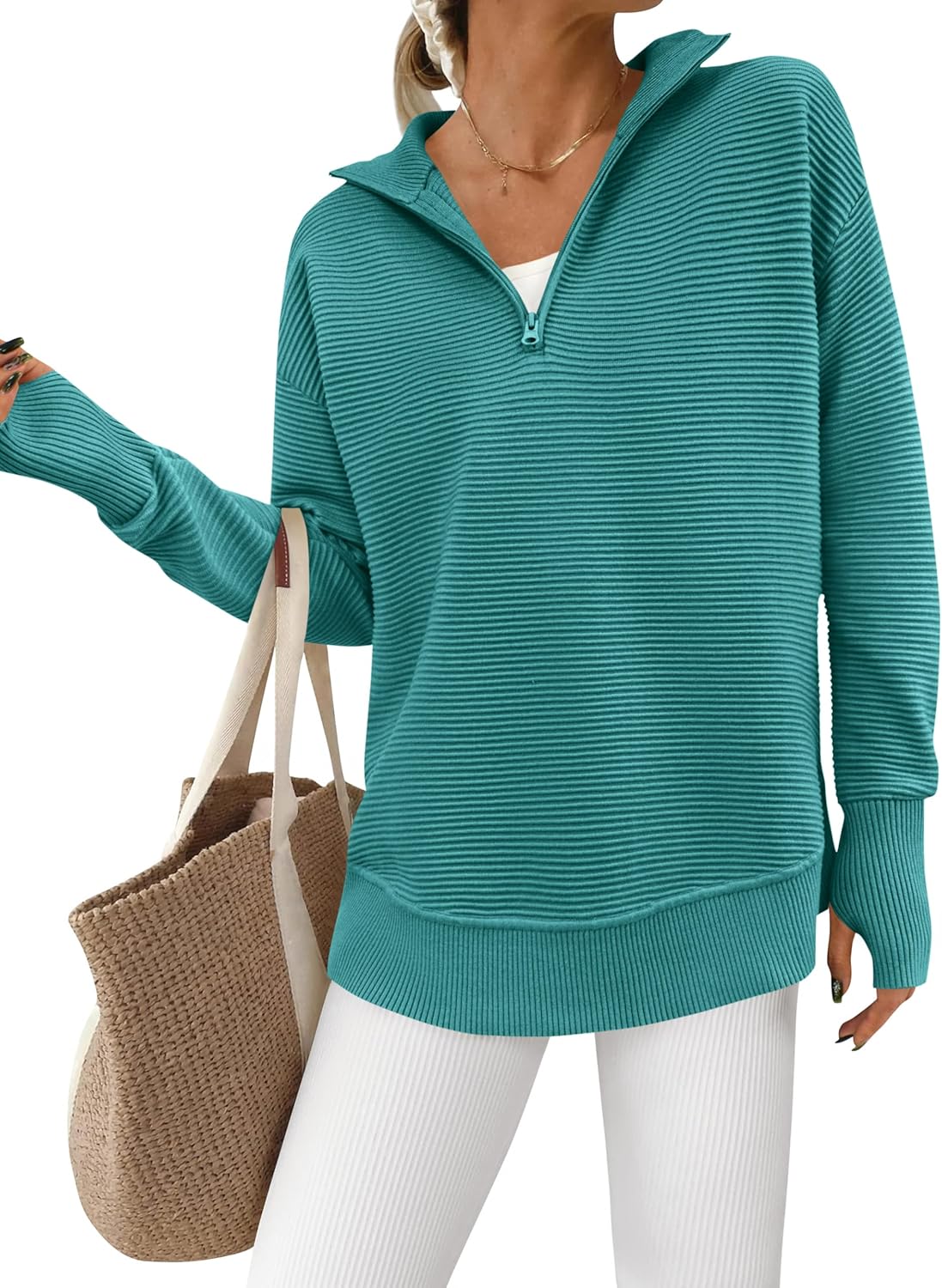  Womens Long Sleeve Quarter Zip Pullover Sweater Casual Loose V Neck Collared Ribbed Knit Jumper Tops Thumb Hole