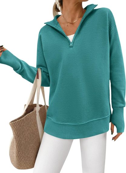  Womens Long Sleeve Quarter Zip Pullover Sweater Casual Loose V Neck Collared Ribbed Knit Jumper Tops Thumb Hole