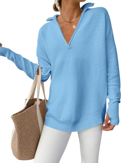Womens Long Sleeve Quarter Zip Pullover Sweater Casual Loose V Neck Collared Ribbed Knit Jumper Tops Thumb Hole