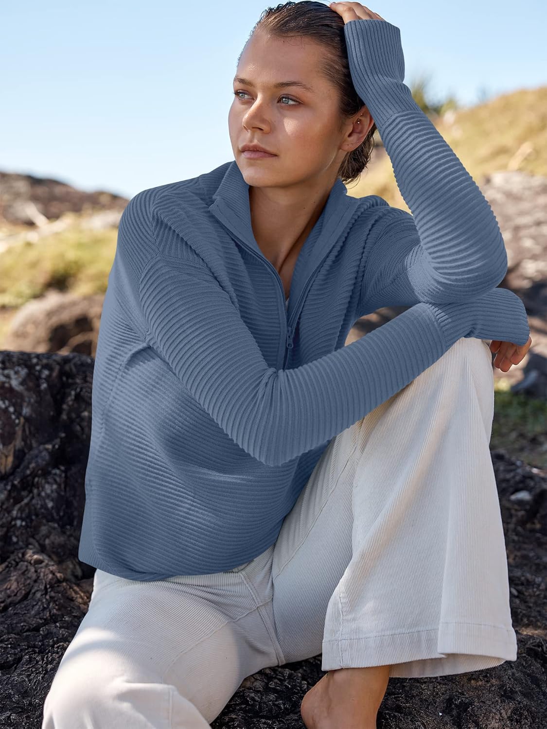 Womens Long Sleeve Quarter Zip Pullover Sweater Casual Loose V Neck Collared Ribbed Knit Jumper Tops Thumb Hole