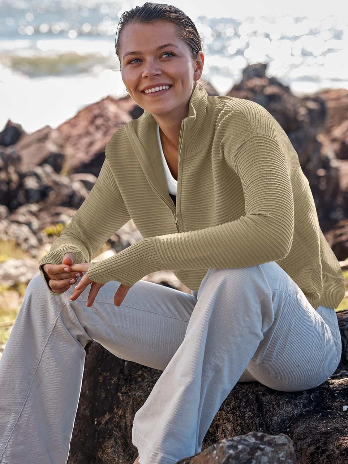 Womens Long Sleeve Quarter Zip Pullover Sweater Casual Loose V Neck Collared Ribbed Knit Jumper Tops Thumb Hole