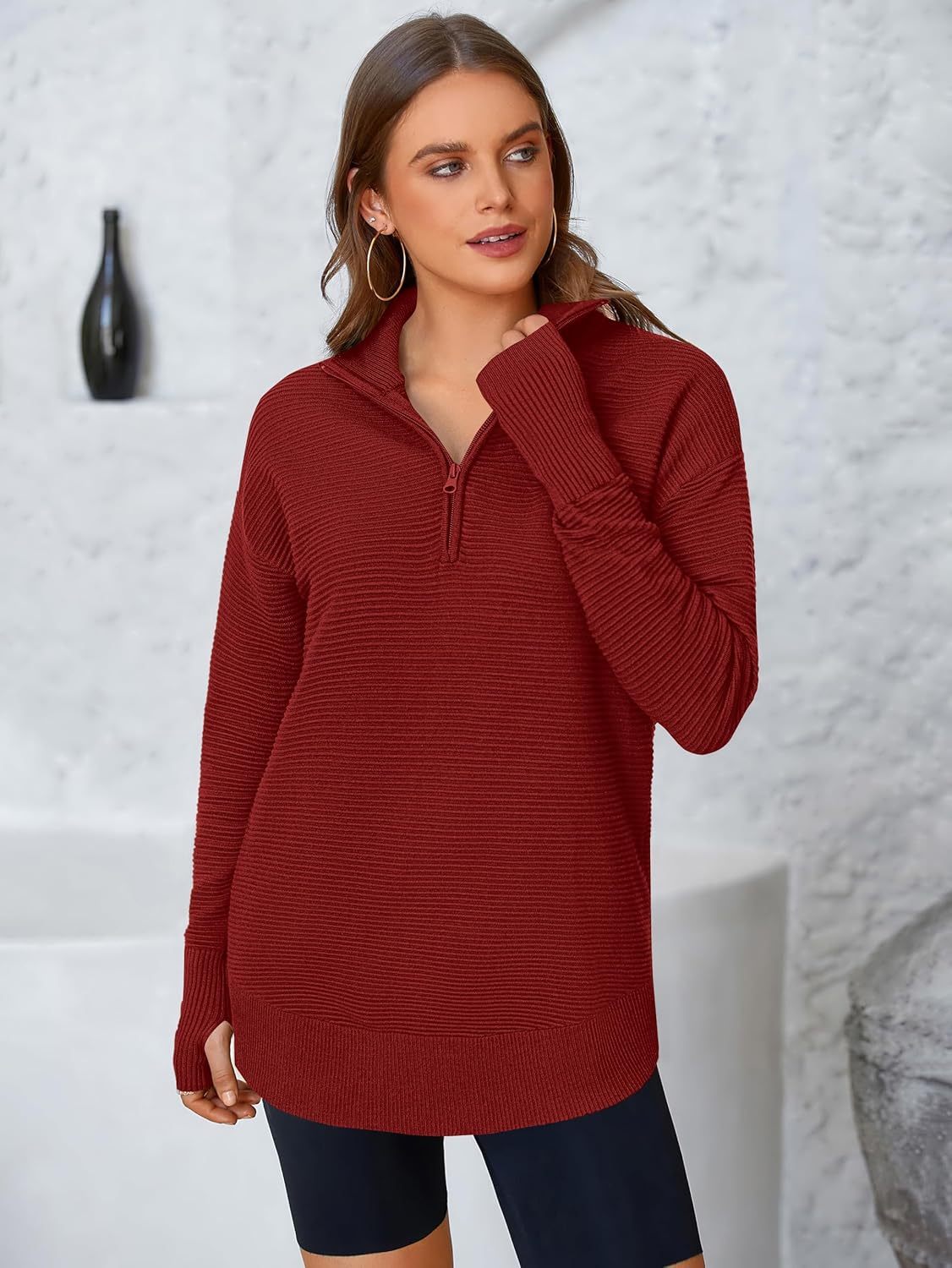  Womens Long Sleeve Quarter Zip Pullover Sweater Casual Loose V Neck Collared Ribbed Knit Jumper Tops Thumb Hole