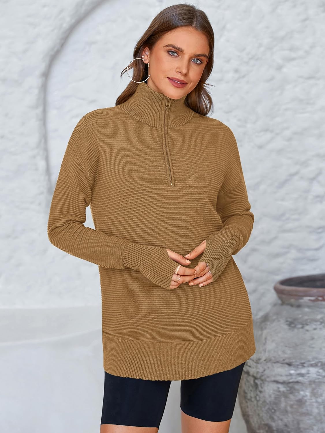  Womens Long Sleeve Quarter Zip Pullover Sweater Casual Loose V Neck Collared Ribbed Knit Jumper Tops Thumb Hole