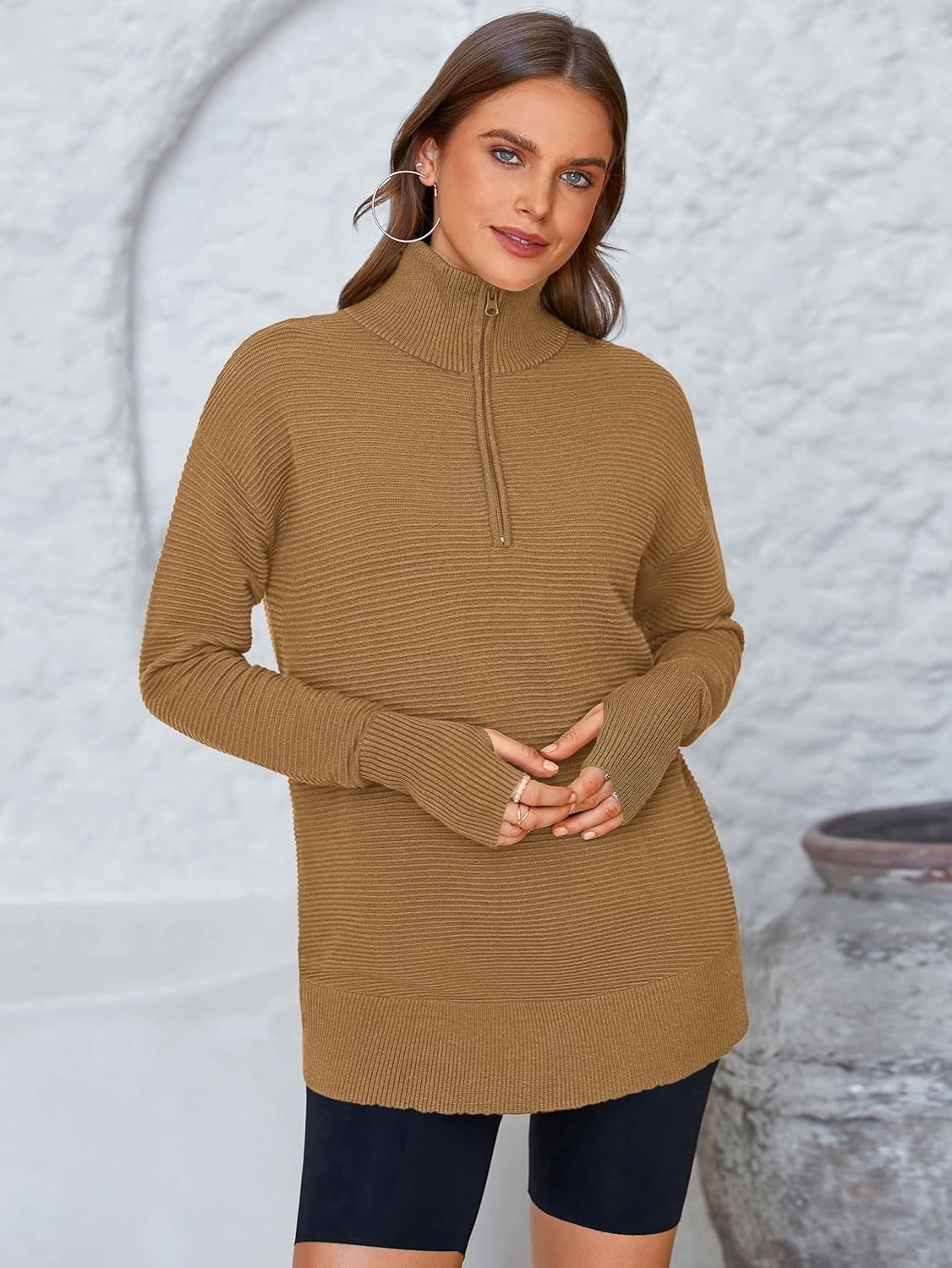  Womens Long Sleeve Quarter Zip Pullover Sweater Casual Loose V Neck Collared Ribbed Knit Jumper Tops Thumb Hole