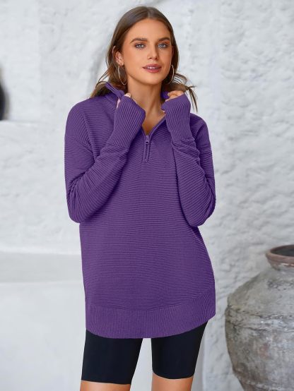  Womens Long Sleeve Quarter Zip Pullover Sweater Casual Loose V Neck Collared Ribbed Knit Jumper Tops Thumb Hole