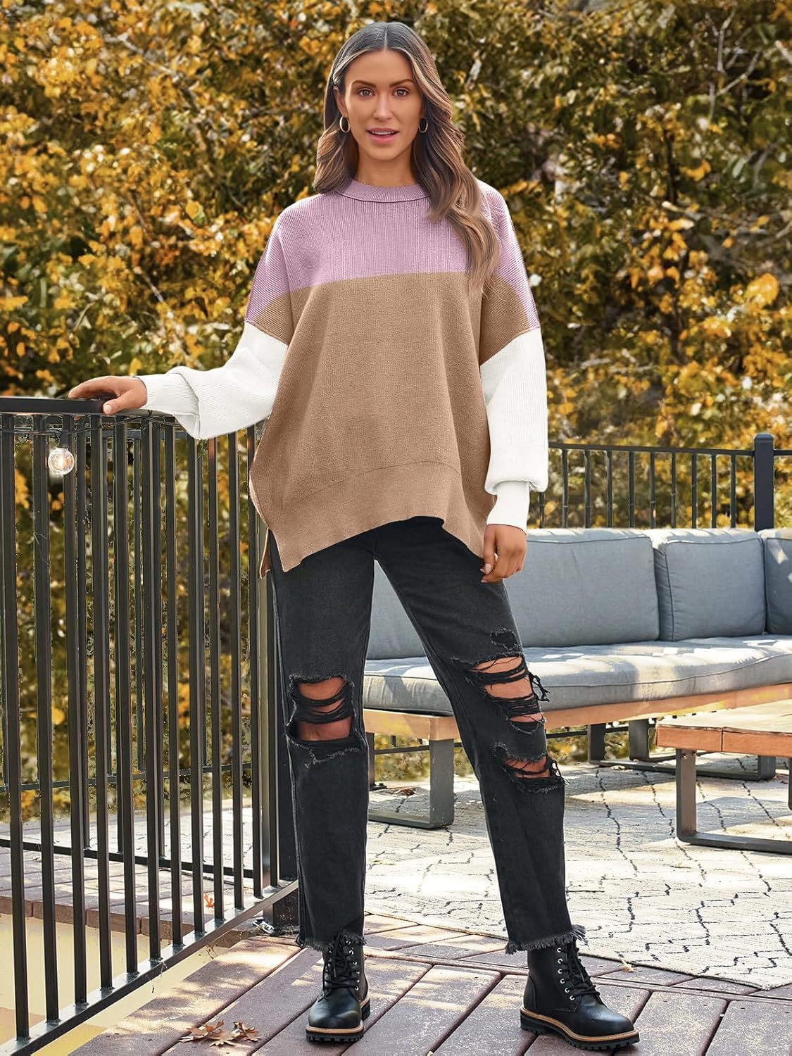 Women's Oversized Batwing Sweaters  Trendy Crewneck Knit Side Slit Fashion Pullover Tops