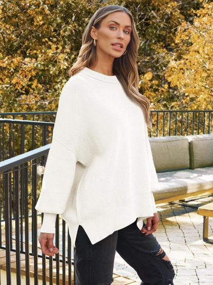 Women's Oversized Batwing Sweaters  Trendy Crewneck Knit Side Slit Fashion Pullover Tops