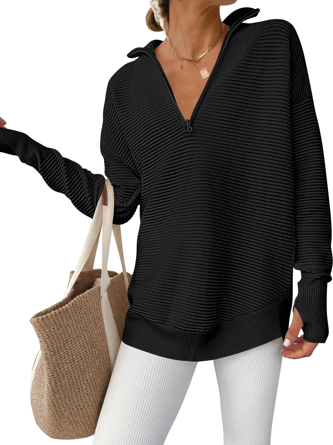 Womens Long Sleeve Quarter Zip Pullover Sweater Casual Loose V Neck Collared Ribbed Knit Jumper Tops Thumb Hole