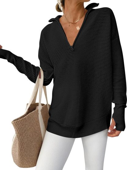Womens Long Sleeve Quarter Zip Pullover Sweater Casual Loose V Neck Collared Ribbed Knit Jumper Tops Thumb Hole