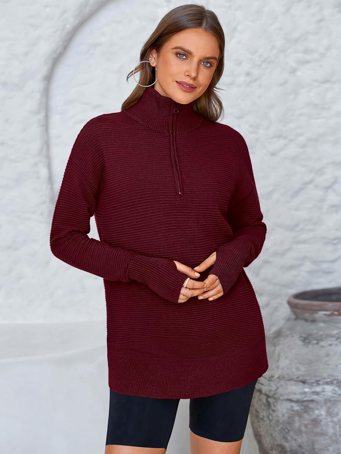  Womens Long Sleeve Quarter Zip Pullover Sweater Casual Loose V Neck Collared Ribbed Knit Jumper Tops Thumb Hole