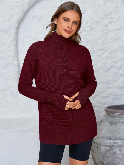  Womens Long Sleeve Quarter Zip Pullover Sweater Casual Loose V Neck Collared Ribbed Knit Jumper Tops Thumb Hole
