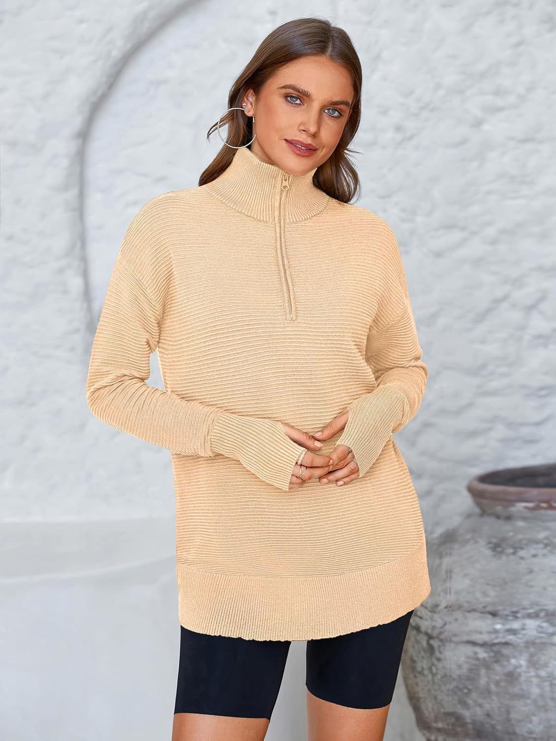  Womens Long Sleeve Quarter Zip Pullover Sweater Casual Loose V Neck Collared Ribbed Knit Jumper Tops Thumb Hole