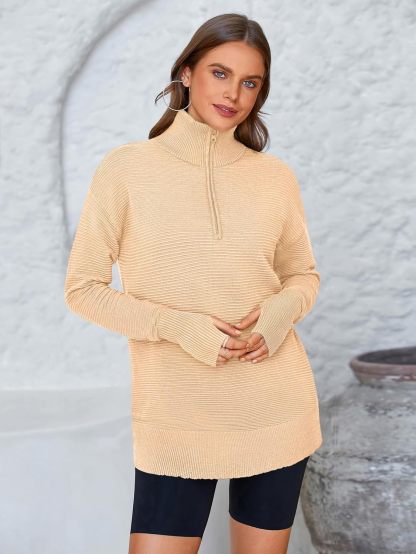  Womens Long Sleeve Quarter Zip Pullover Sweater Casual Loose V Neck Collared Ribbed Knit Jumper Tops Thumb Hole