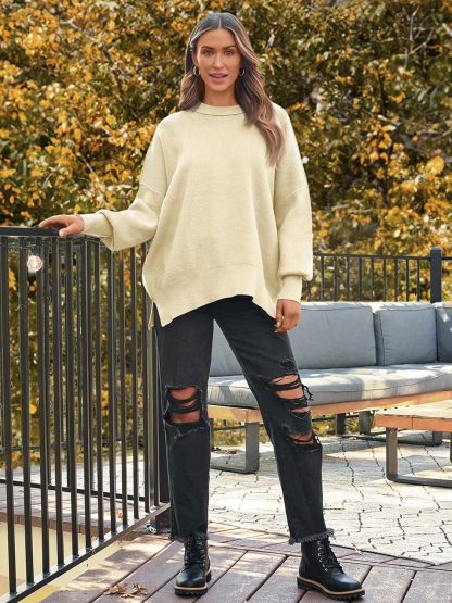 Women's Oversized Batwing Sweaters  Trendy Crewneck Knit Side Slit Fashion Pullover Tops