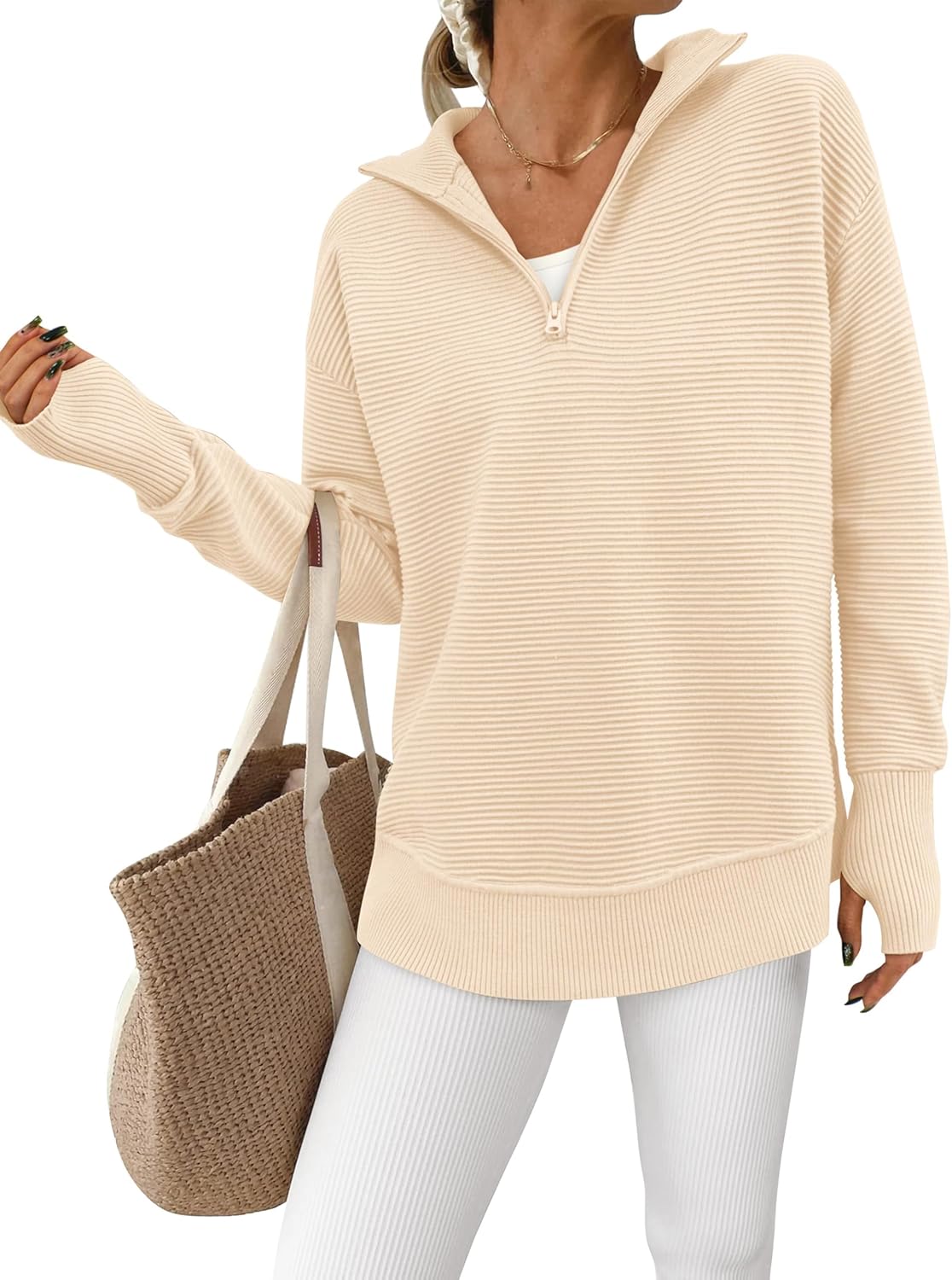  Womens Long Sleeve Quarter Zip Pullover Sweater Casual Loose V Neck Collared Ribbed Knit Jumper Tops Thumb Hole