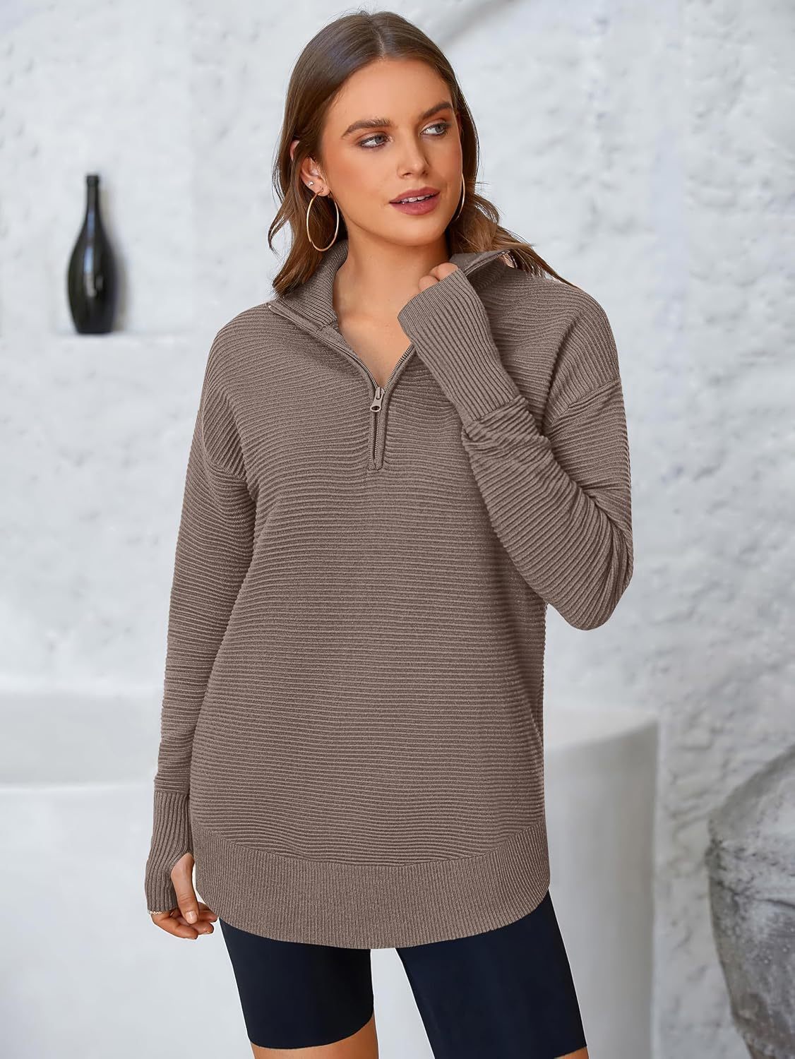  Womens Long Sleeve Quarter Zip Pullover Sweater Casual Loose V Neck Collared Ribbed Knit Jumper Tops Thumb Hole