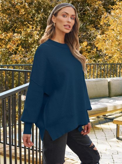 Women's Oversized Batwing Sweaters  Trendy Crewneck Knit Side Slit Fashion Pullover Tops