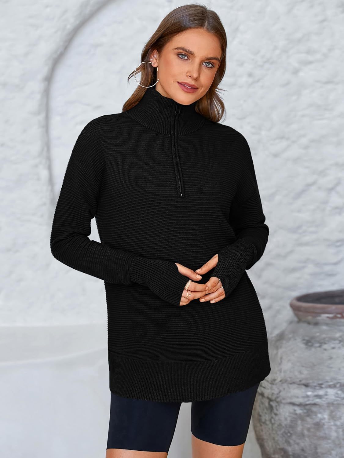  Womens Long Sleeve Quarter Zip Pullover Sweater Casual Loose V Neck Collared Ribbed Knit Jumper Tops Thumb Hole