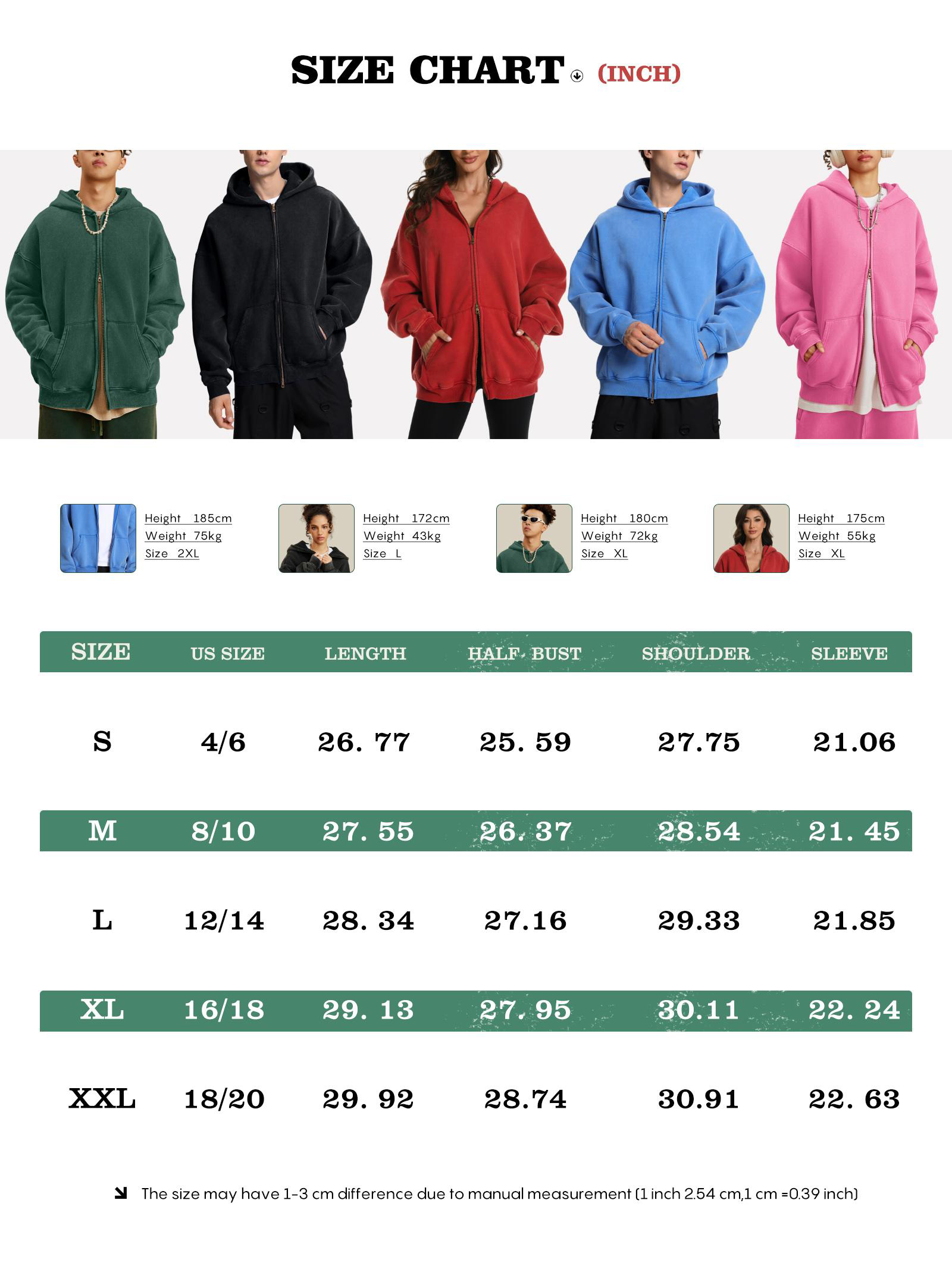 Couples Double Zip Up Oversized Acid Wash Hoodie