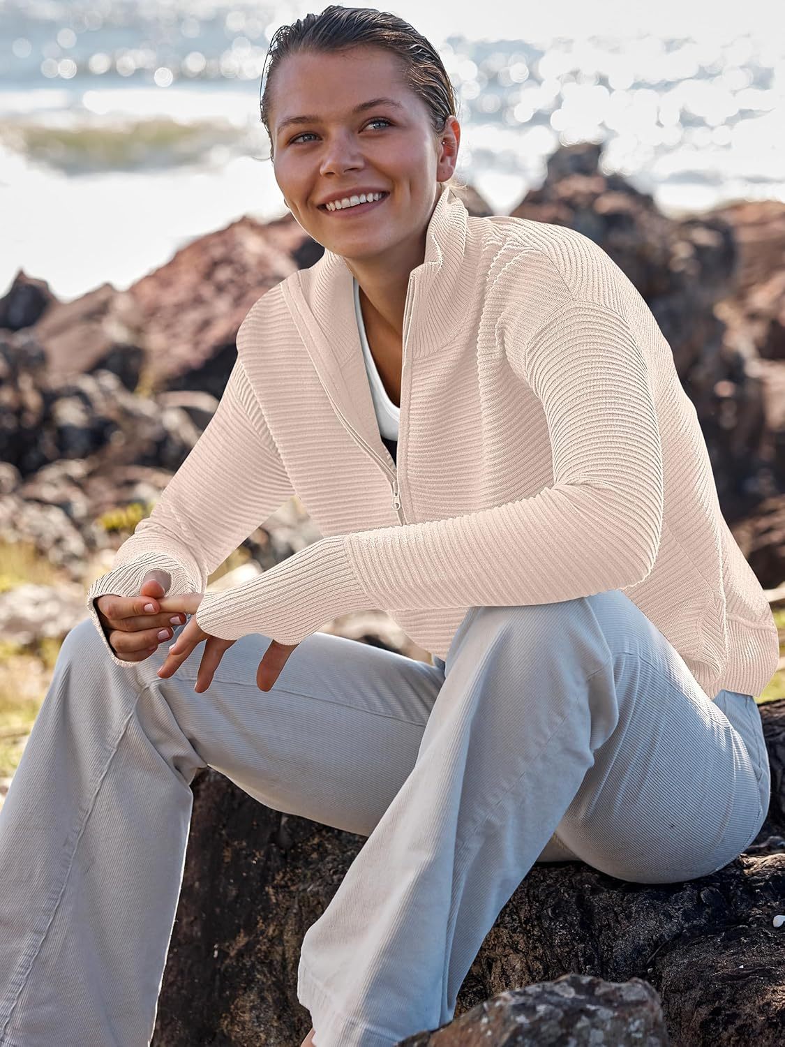 Womens Long Sleeve Quarter Zip Pullover Sweater Casual Loose V Neck Collared Ribbed Knit Jumper Tops Thumb Hole