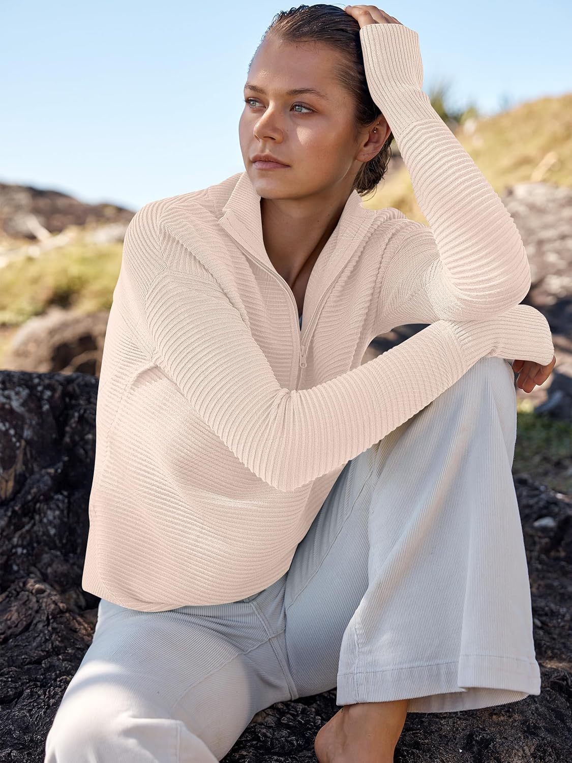 Womens Long Sleeve Quarter Zip Pullover Sweater Casual Loose V Neck Collared Ribbed Knit Jumper Tops Thumb Hole