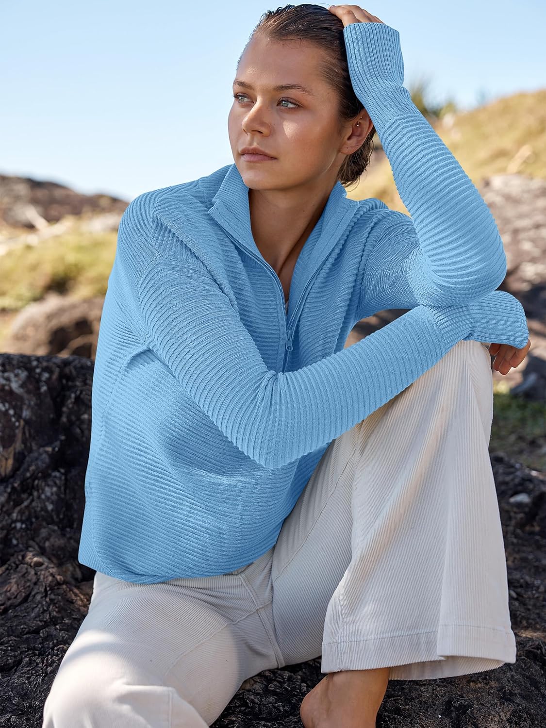 Womens Long Sleeve Quarter Zip Pullover Sweater Casual Loose V Neck Collared Ribbed Knit Jumper Tops Thumb Hole