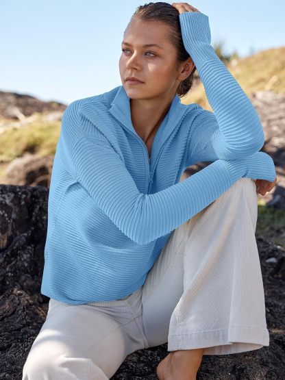 Womens Long Sleeve Quarter Zip Pullover Sweater Casual Loose V Neck Collared Ribbed Knit Jumper Tops Thumb Hole