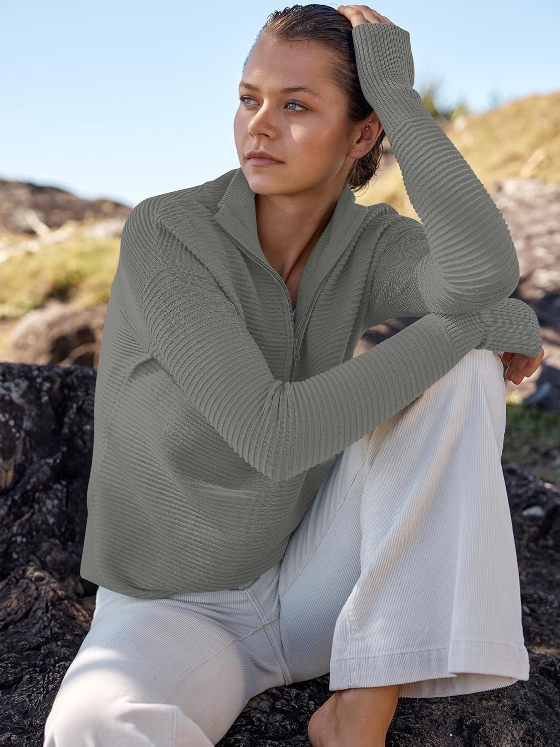 Womens Long Sleeve Quarter Zip Pullover Sweater Casual Loose V Neck Collared Ribbed Knit Jumper Tops Thumb Hole