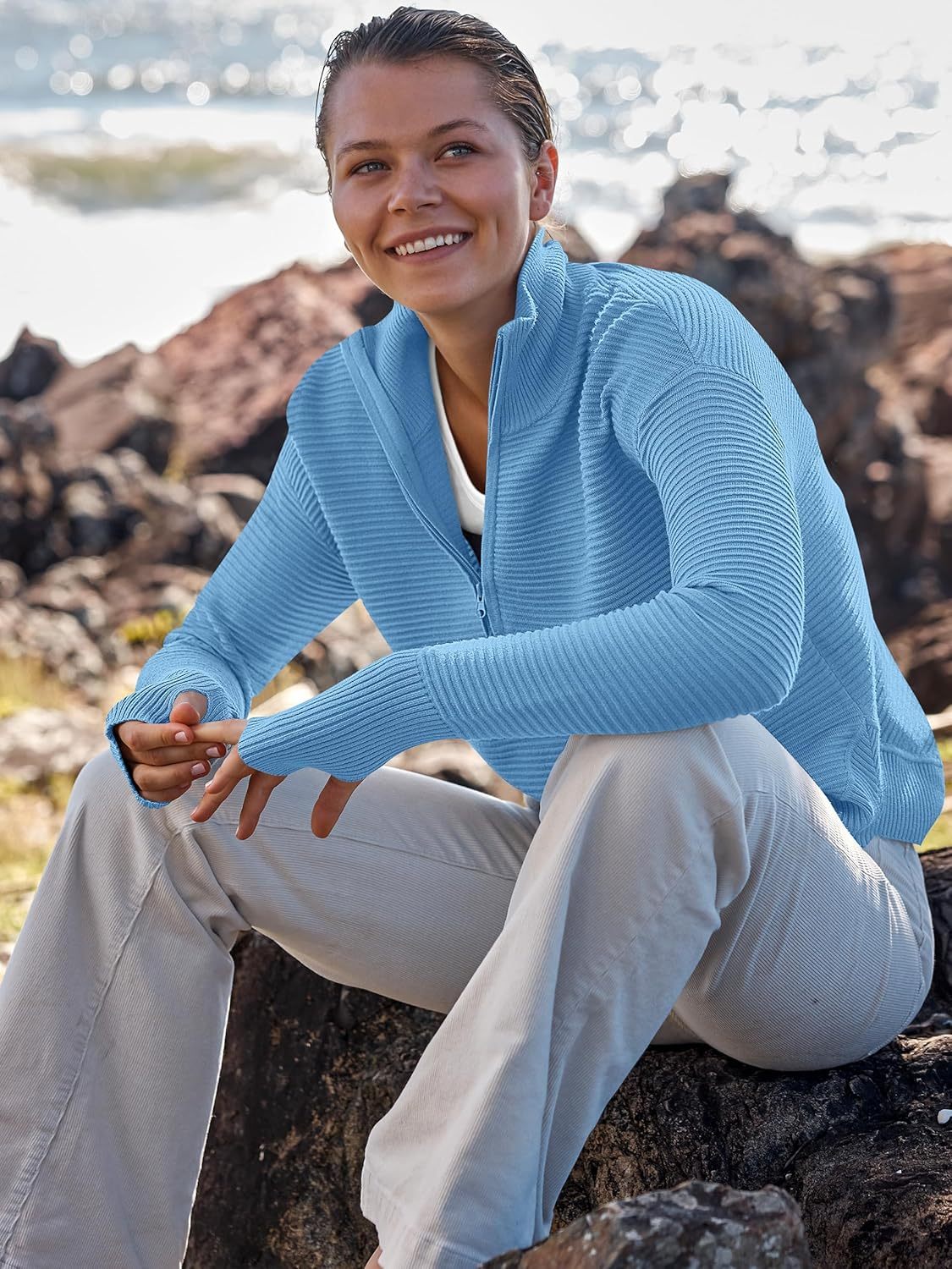 Womens Long Sleeve Quarter Zip Pullover Sweater Casual Loose V Neck Collared Ribbed Knit Jumper Tops Thumb Hole