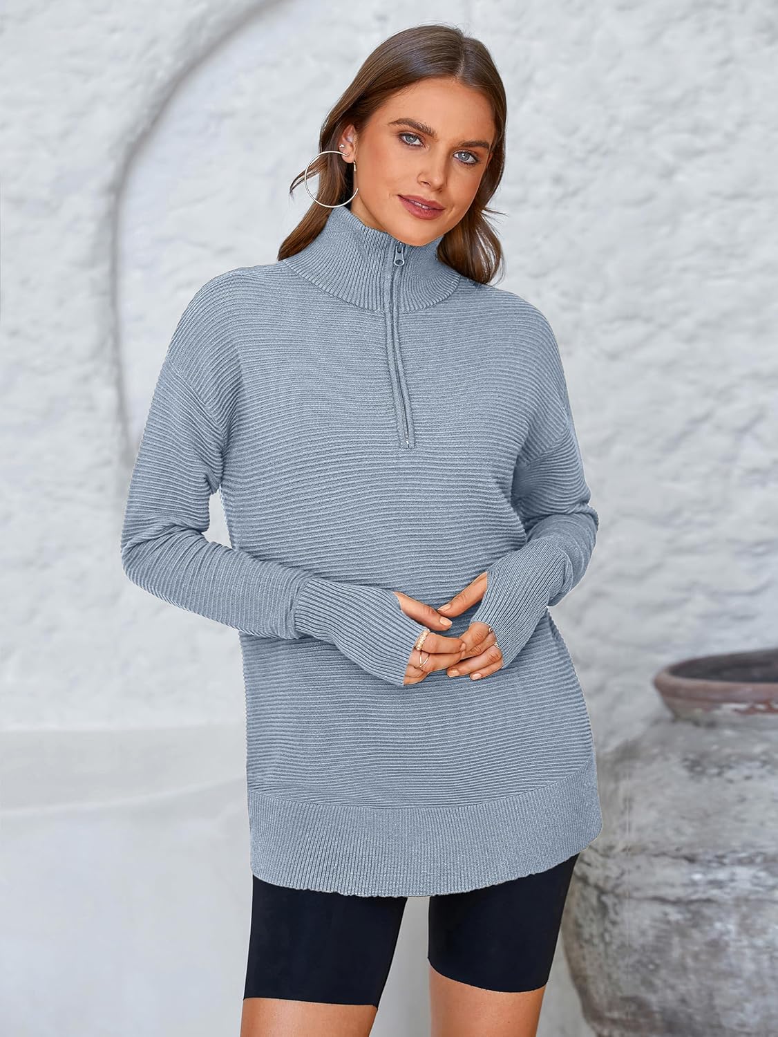  Womens Long Sleeve Quarter Zip Pullover Sweater Casual Loose V Neck Collared Ribbed Knit Jumper Tops Thumb Hole