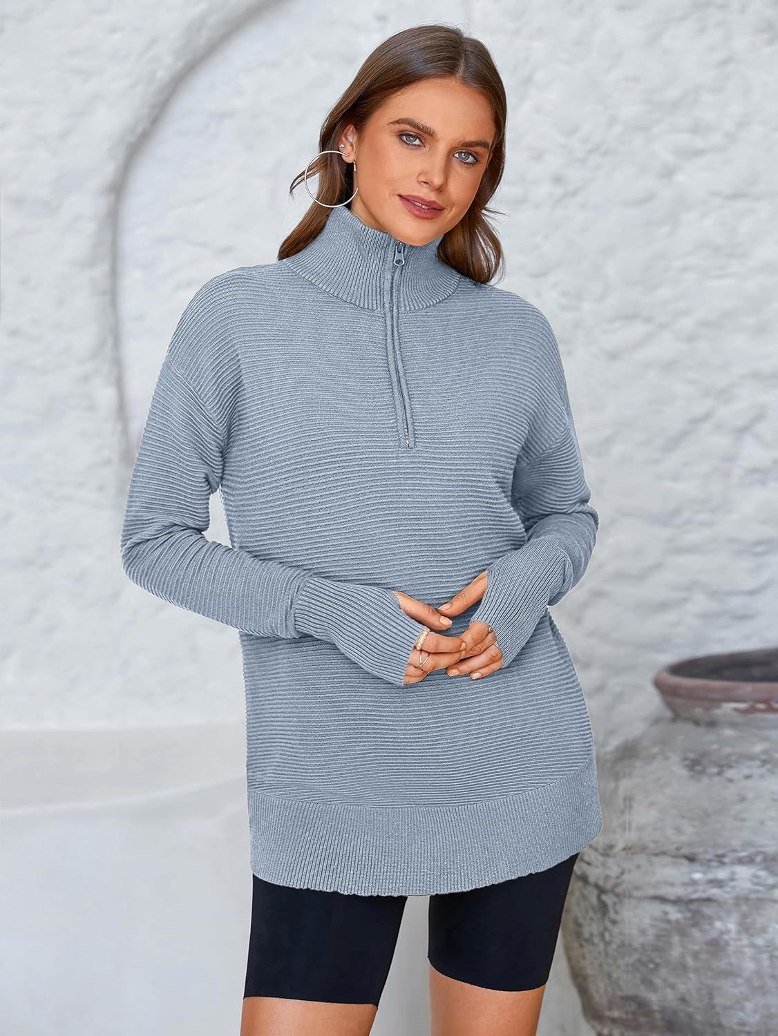  Womens Long Sleeve Quarter Zip Pullover Sweater Casual Loose V Neck Collared Ribbed Knit Jumper Tops Thumb Hole