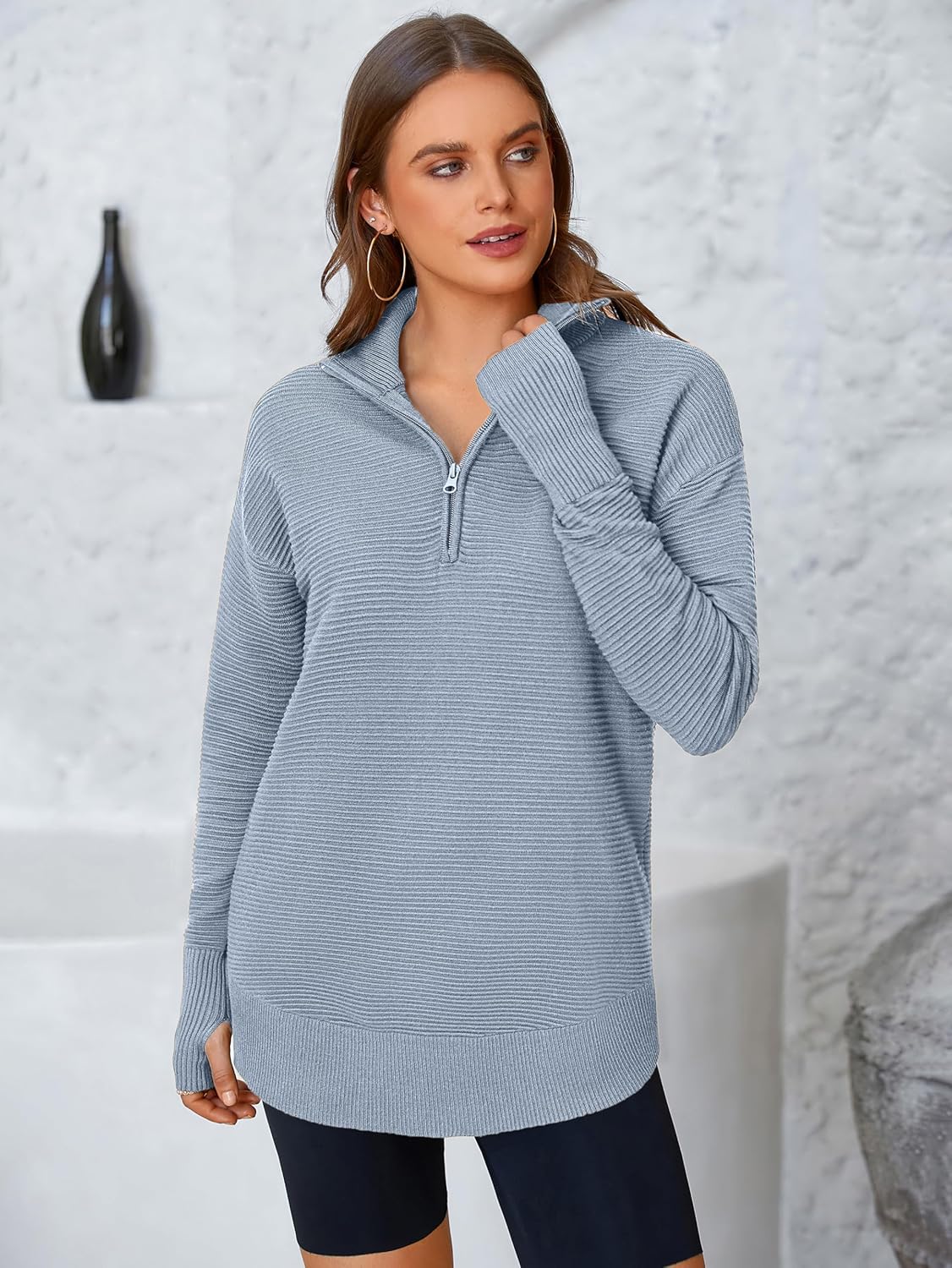  Womens Long Sleeve Quarter Zip Pullover Sweater Casual Loose V Neck Collared Ribbed Knit Jumper Tops Thumb Hole