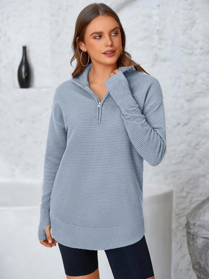  Womens Long Sleeve Quarter Zip Pullover Sweater Casual Loose V Neck Collared Ribbed Knit Jumper Tops Thumb Hole