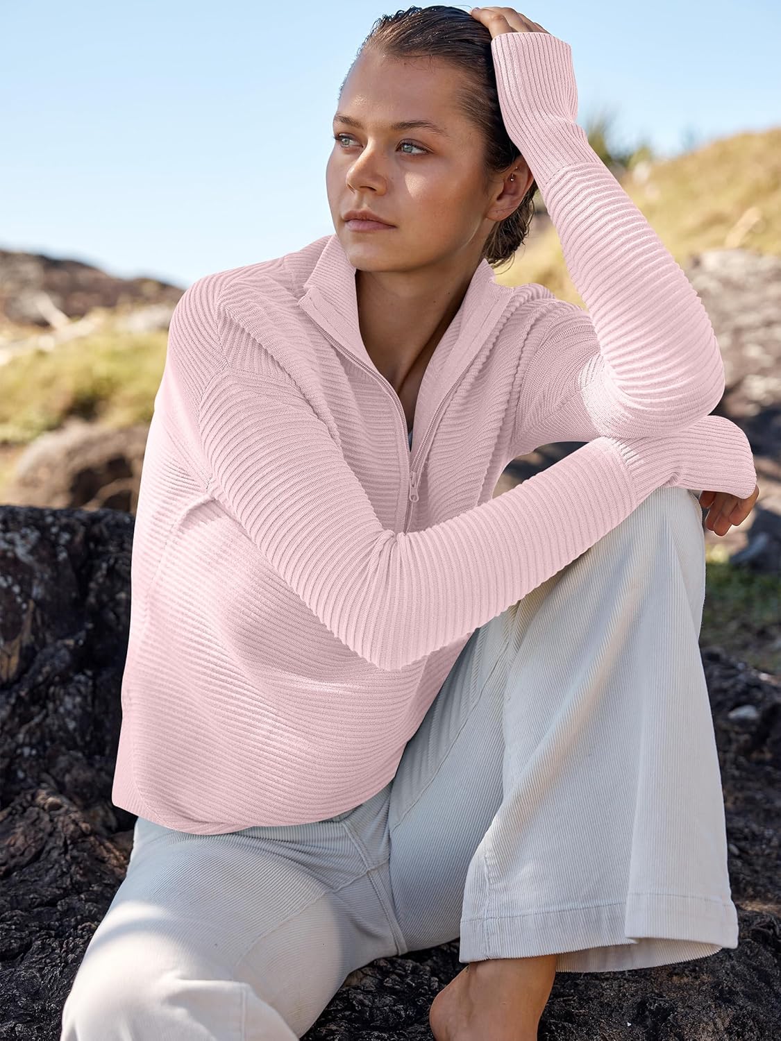 Womens Long Sleeve Quarter Zip Pullover Sweater Casual Loose V Neck Collared Ribbed Knit Jumper Tops Thumb Hole