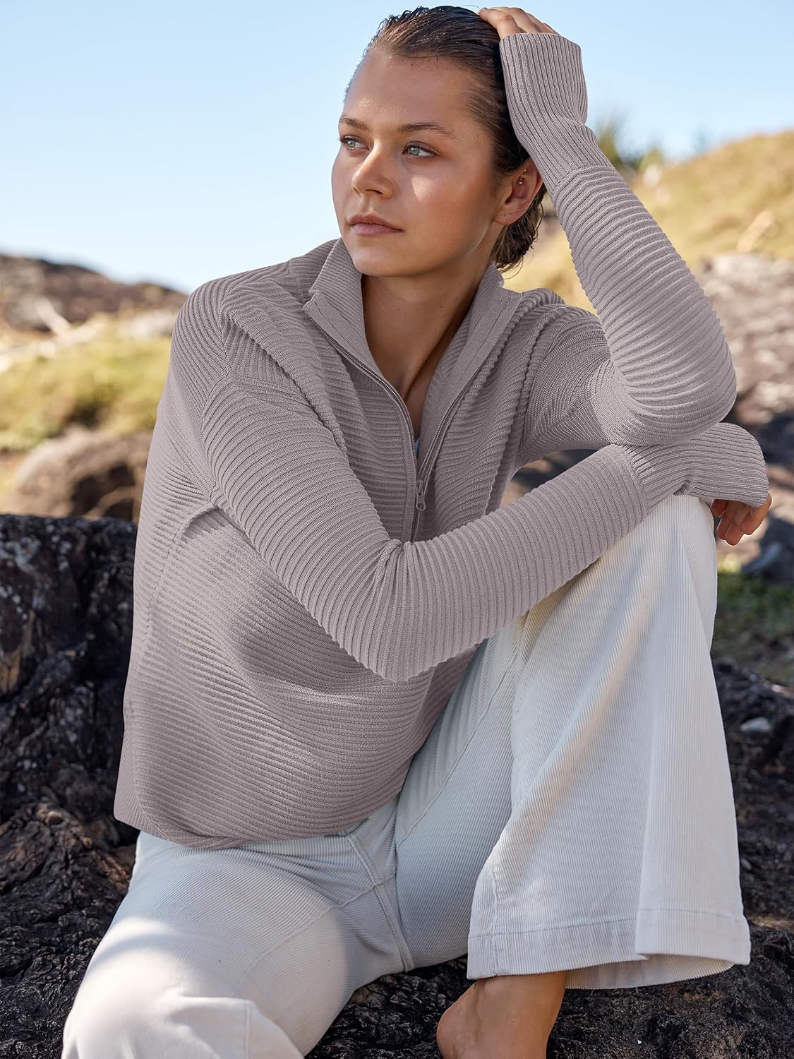 Womens Long Sleeve Quarter Zip Pullover Sweater Casual Loose V Neck Collared Ribbed Knit Jumper Tops Thumb Hole