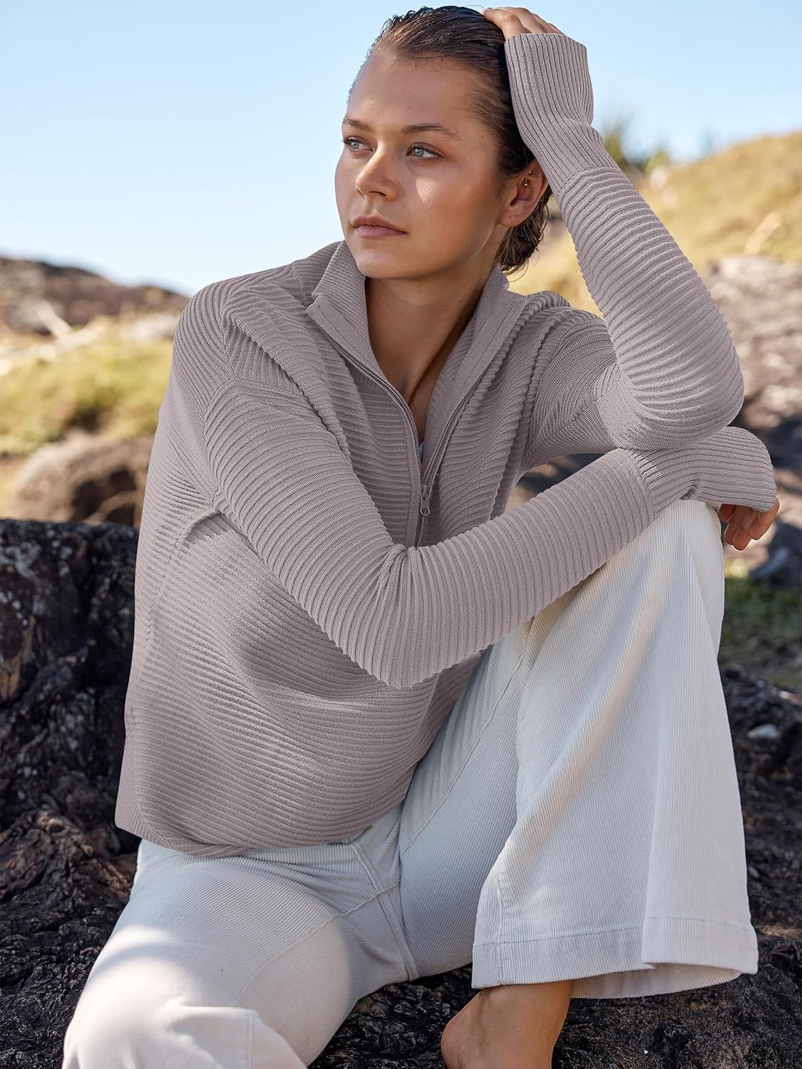 Womens Long Sleeve Quarter Zip Pullover Sweater Casual Loose V Neck Collared Ribbed Knit Jumper Tops Thumb Hole