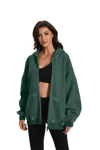 Couples Double Zip Up Oversized Acid Wash Hoodie