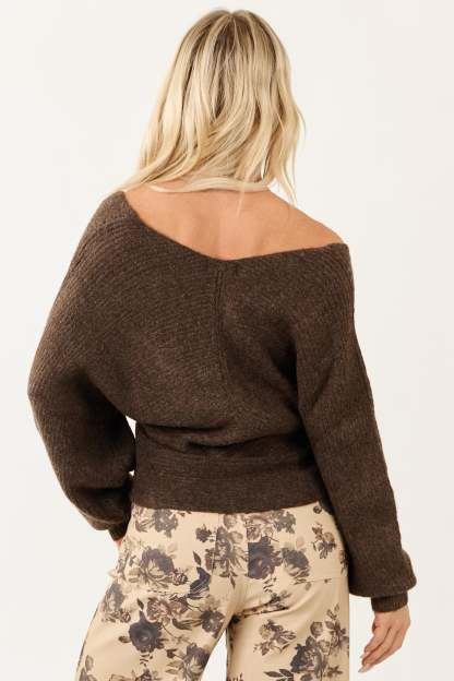 Walnut Crossover V Neck Puff Sleeve Sweater 
