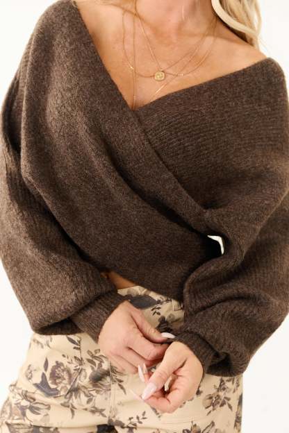 Walnut Crossover V Neck Puff Sleeve Sweater 